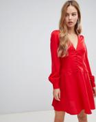 Asos Design Button Through Mini Tea Dress With Long Sleeves-red