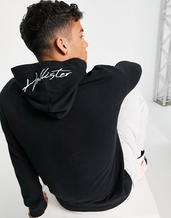 Hollister Script Central And Hood Logo Hoodie In Black