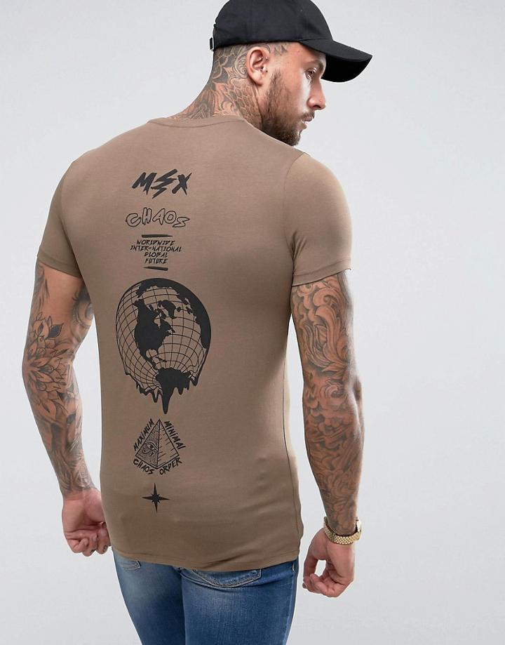 Asos Longline Muscle T-shirt With Maximum Chaos Spine Print - Brown