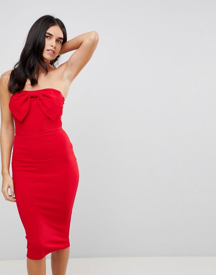 Ax Paris Bow Front Midi Bodycon Dress - Red