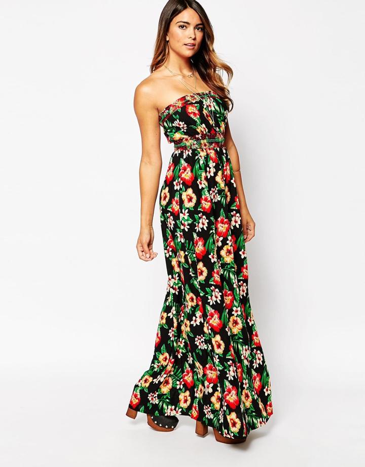 Ax Paris Bandeau Maxi Dress In Tropical Print - Black