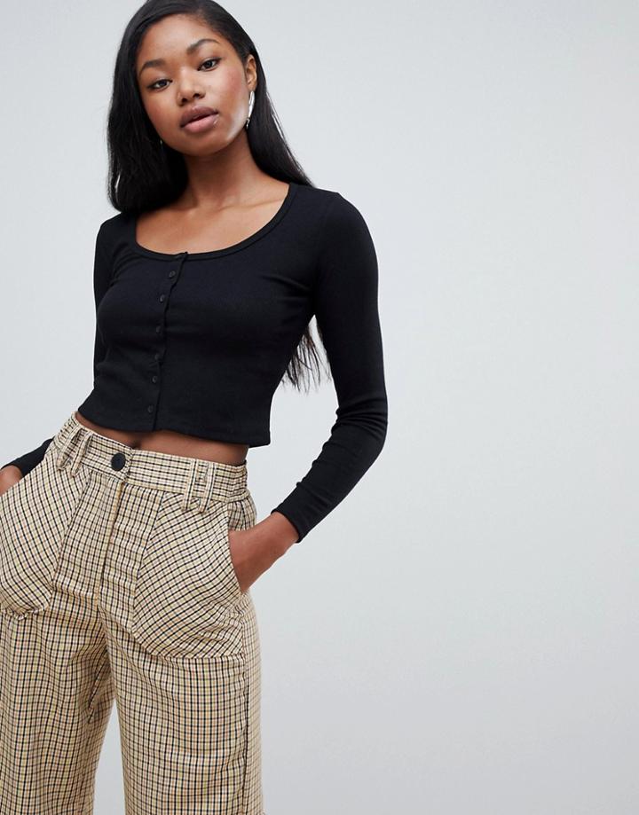 Bershka Long Sleeved Button Front Ribbed Top - Silver