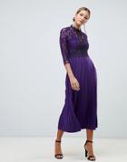 Little Mistress Contrast Lace Prom Skater Midi Dress In Purple - Purple