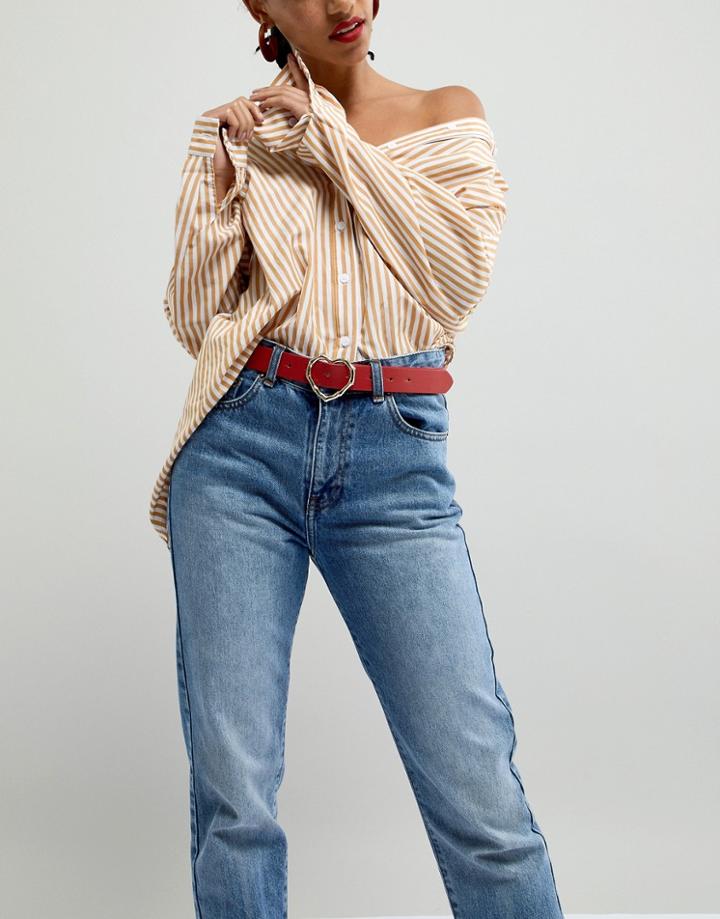 Asos Design Jeans Belt In Bamboo Heart Buckle - Red