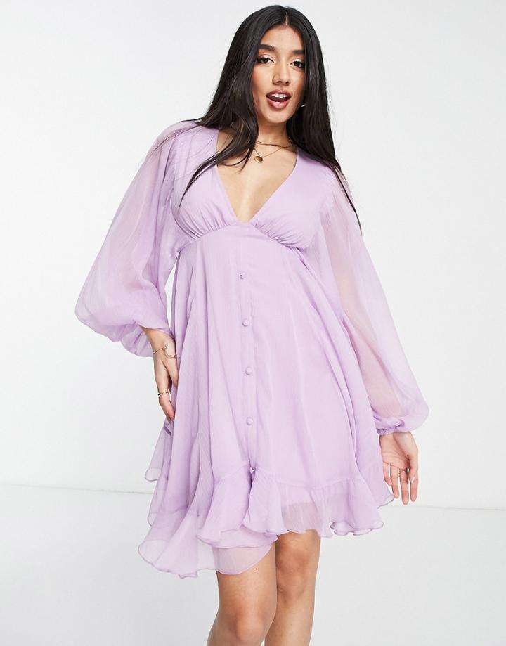 Asos Design Button Detail Mini Dress With Blouson Sleeve In Lilac-purple