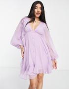 Asos Design Button Detail Mini Dress With Blouson Sleeve In Lilac-purple