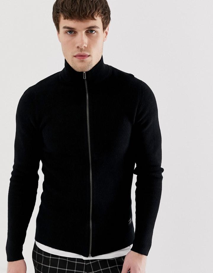 Jack And Jones Essentials Ribbed Zipped Cardigan - Black