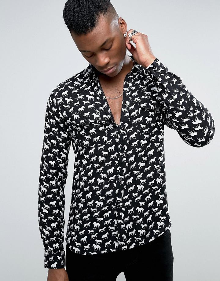 Asos Regular Fit Viscose Western Shirt With Horse Print - Black