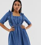 Asos Design Petite Denim Square Neck Frill Smock Dress In Blue - Blue