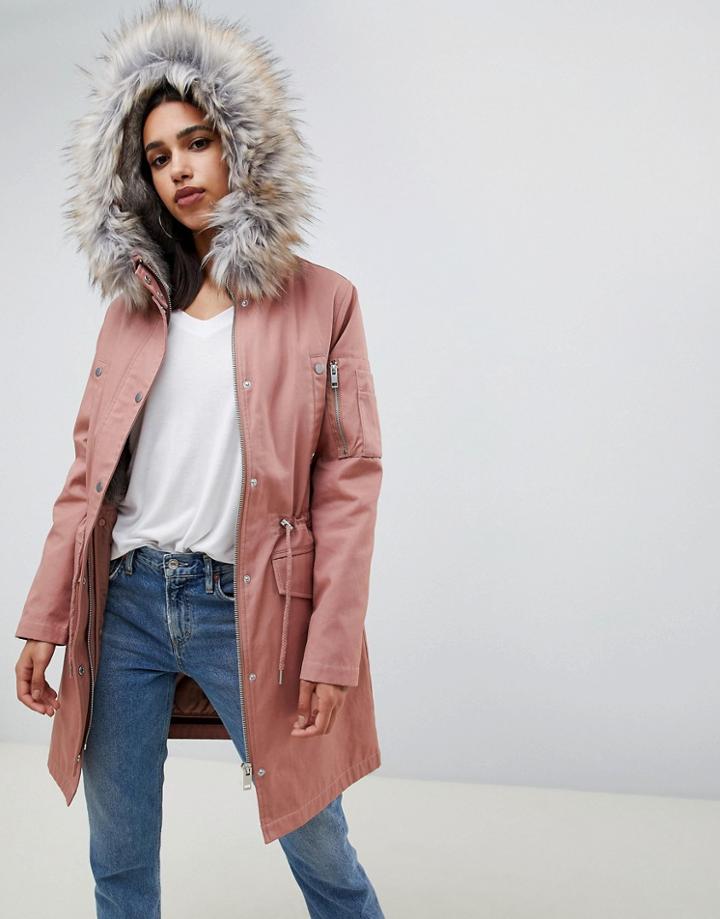 Asos Design Parka With Detachable Faux Fur Liner - Pink
