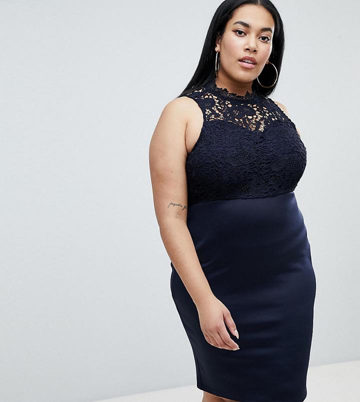 Ax Paris Plus Lace Panel Pencil Dress - Navy