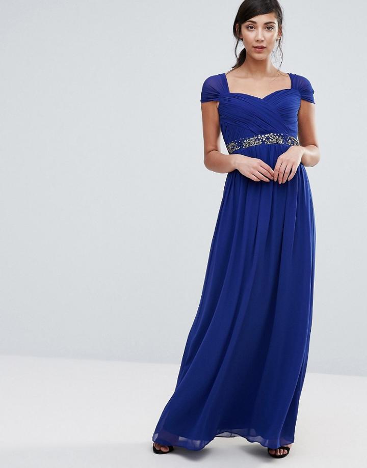 Little Mistress A Line Maxi Dress With Embellished Waist - Blue