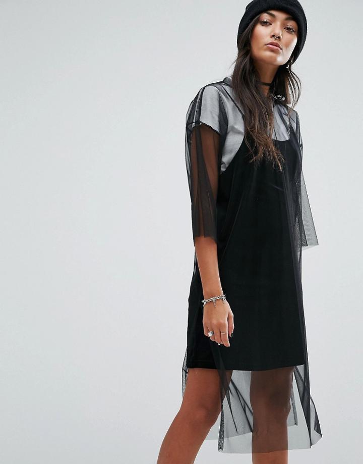 Pull & Bear Longline Mesh Tunic Top - Black