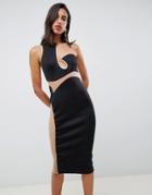 Asos Design Gold Bar Cut Out Mesh Detail Bodycon Midi Dress - Black