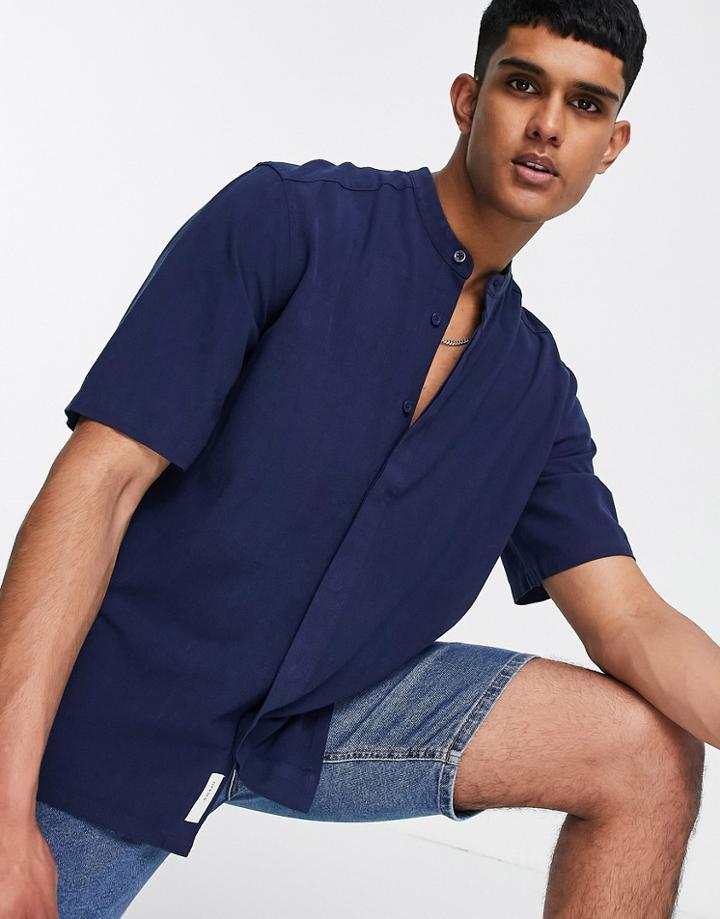 Only & Sons Short Sleeve Oversized Shirt With Grandad Collar In Navy