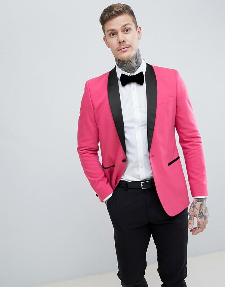 Asos Design Slim Tuxedo Suit Jacket In Bright Pink With Black Contrast Lapel - Pink
