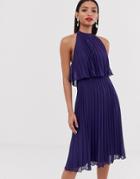 Asos Design Halter Tie Neck Midi Dress In Pleat-navy