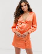 Club L London Double Breasted Satin Shirt Dress - Orange