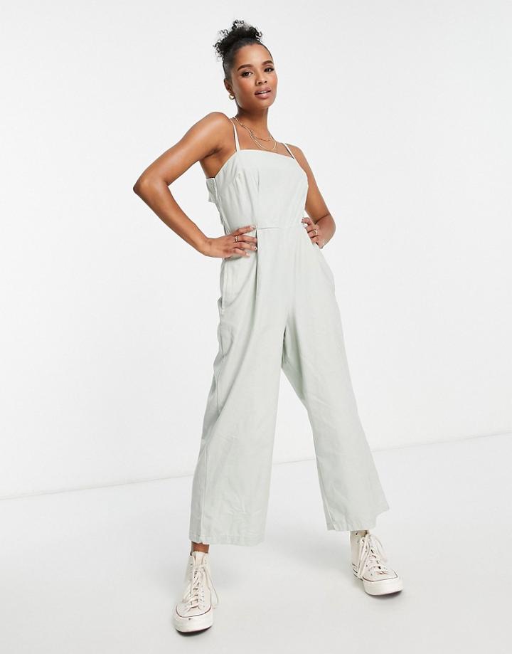 Asos Design Petite Button Open Back Minimal Jumpsuit In Sage-green