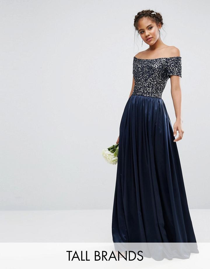 Maya Tall Sequin Top Bardot Maxi Sateen Skirt Dress - Navy