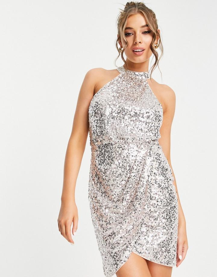 Lipsy Sequin Halter Dress In Silver