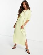 Selected Femme Plisse T-shirt Midi Dress With Side Splits In Yellow