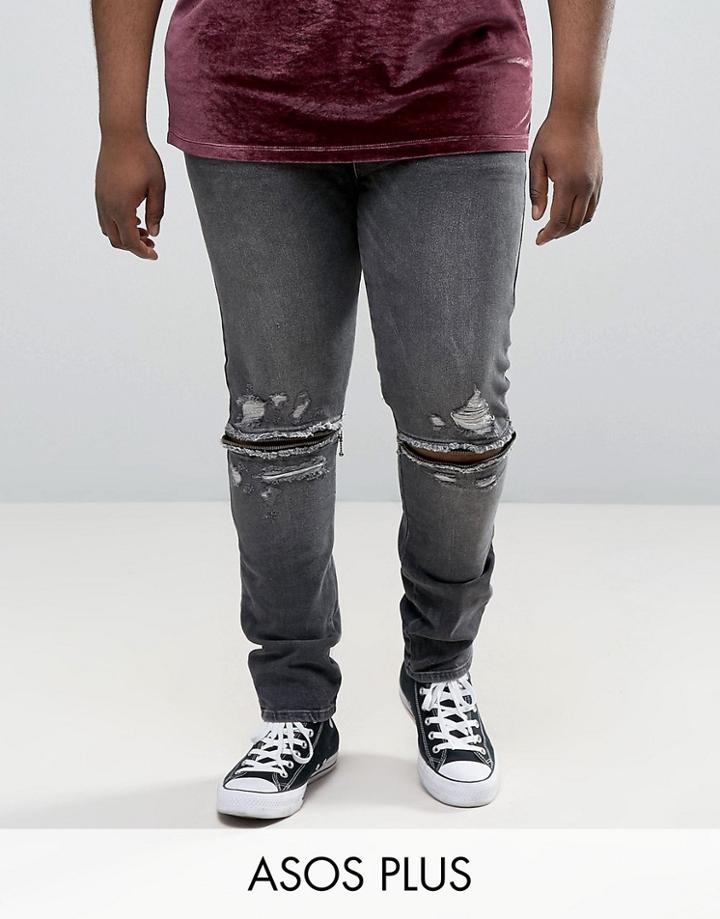 Asos Plus Super Skinny Jeans With Knee Zip Rips In Washed Black - Black