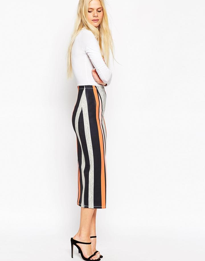 Asos Midi Pencil Skirt In Abstract Stripe - Multi