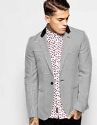 Religion Houndstooth Blazer With Velvet Neck Detail In Skinny Fit - Black