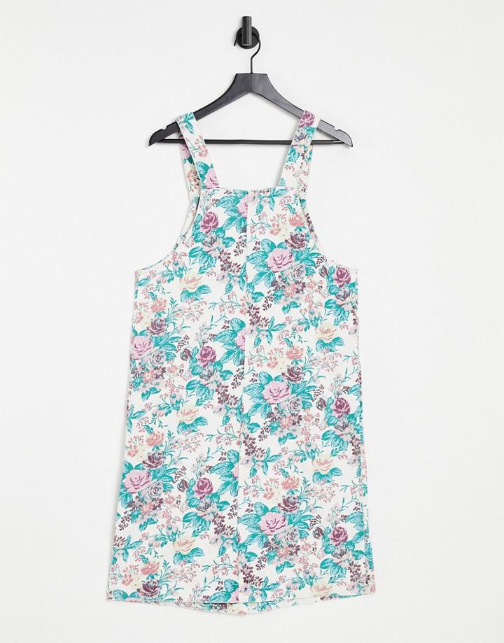 Monki Maria Organic Cotton Denim Midi Dress With Button Through In Floral Print-multi