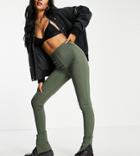 Flounce London Tall Narrow Ribbed Leggings With Side Split In Khaki-green