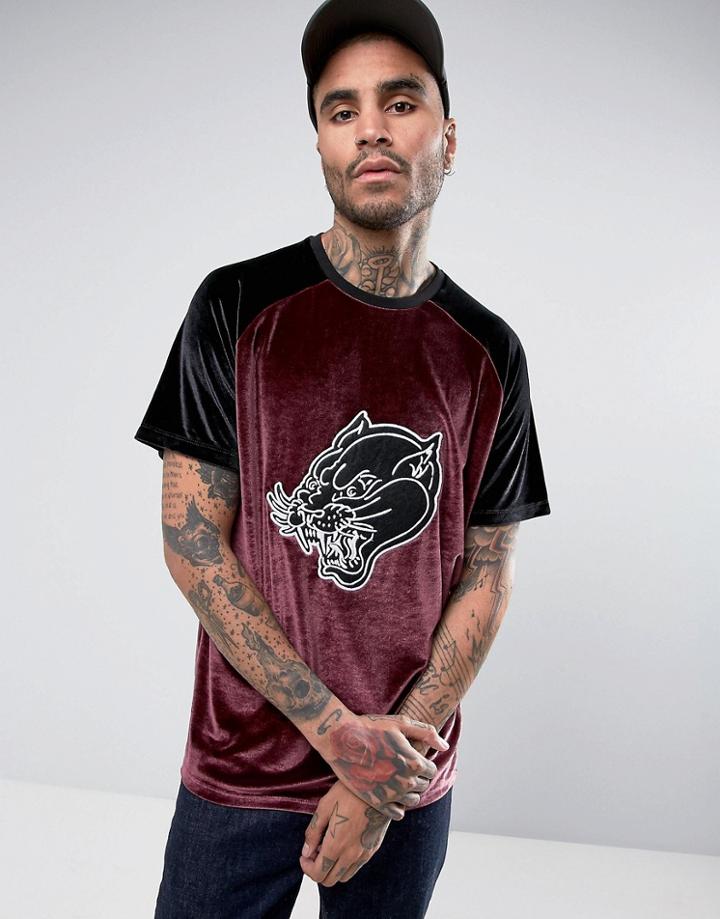 Asos Oversized Velour Raglan T-shirt With Panther Badge - Black