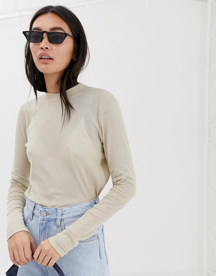 Weekday High Neck Long Sleeves Jersey Top In Beige - Beige