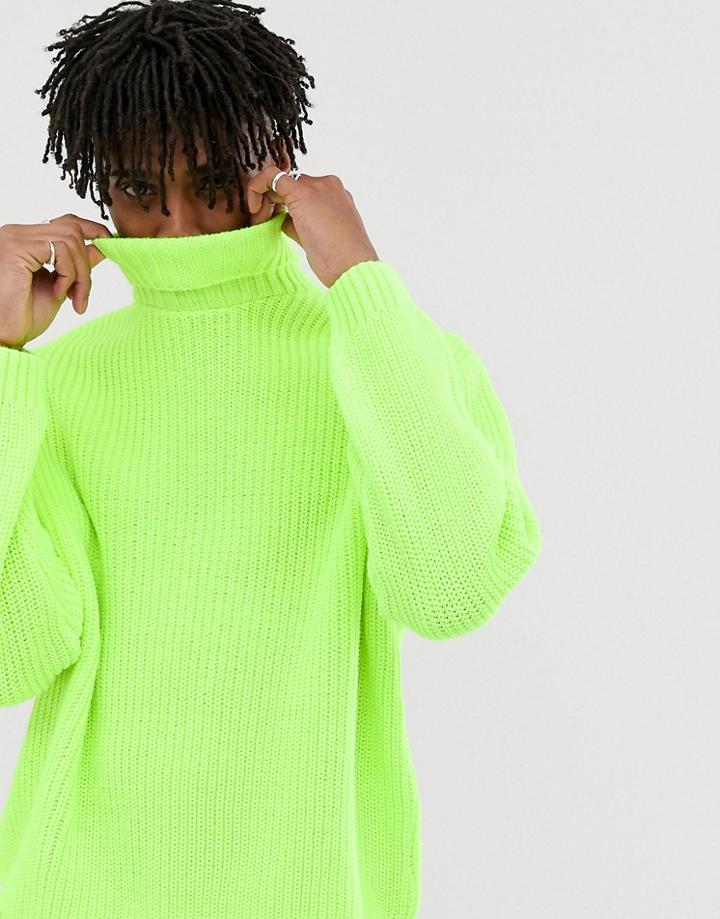 Asos Design Knitted Oversized Rib Roll Neck Sweater In Neon Green - Green