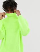 Asos Design Knitted Oversized Rib Roll Neck Sweater In Neon Green - Green