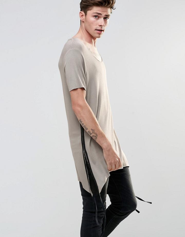 Asos Super Longline T-shirt In Drape Fabric With Shaped Hem And Taping In Taupe - Taupe