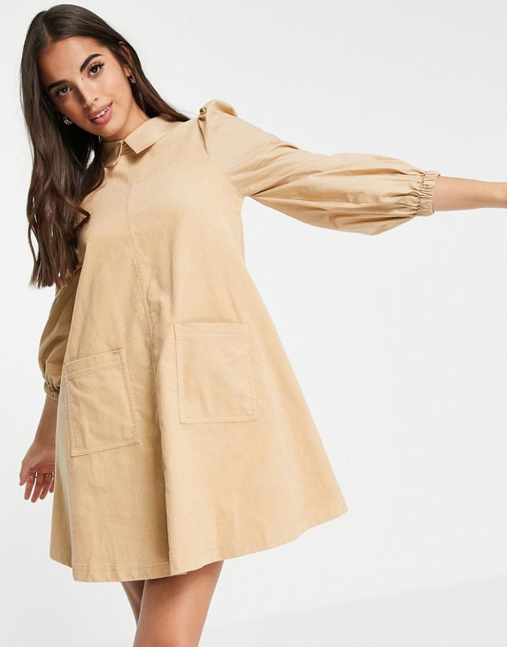 Asos Design Cord Swing Mini Dress With Poplin Sleeves In Beige-neutral