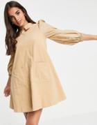 Asos Design Cord Swing Mini Dress With Poplin Sleeves In Beige-neutral