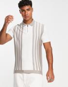 River Island Short Sleeve Vertical Stripe Polo In Ecru-white
