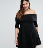 Asos Design Curve Deep Bardot Mini Skater Dress With 3/4 Length Sleeve - Black