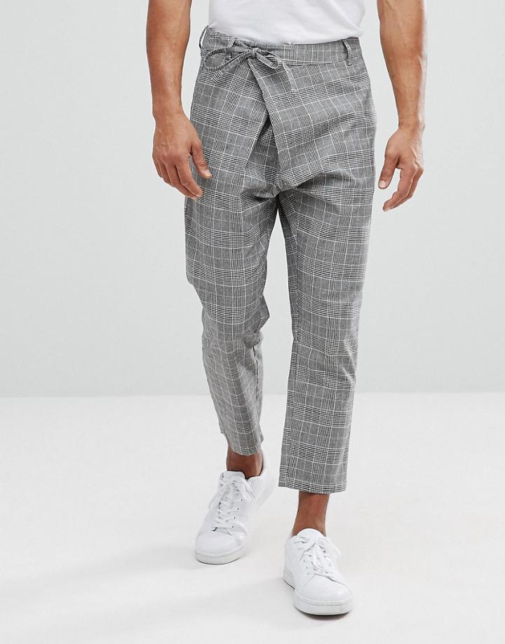 Asos Tapered Check Pants With Asymmetric Front - Gray