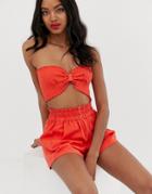 Asos Design Denim Shirred Crop Top In Red - Red