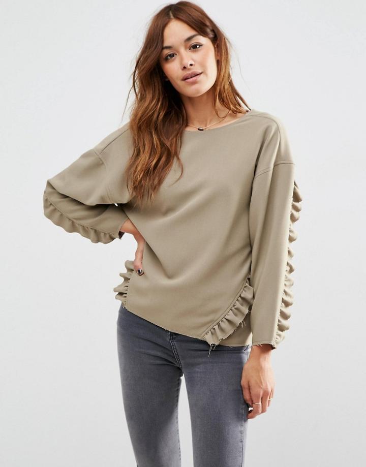 Asos Oversize Top With Ruffle Detail - Khaki