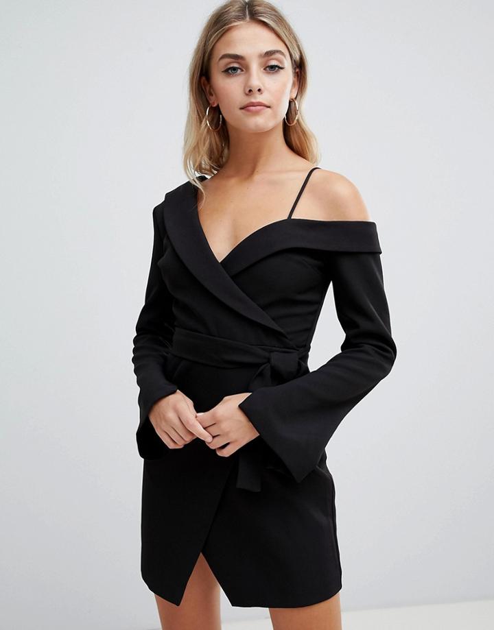 Missguided Off Shoulder Tux Dress In Black - White