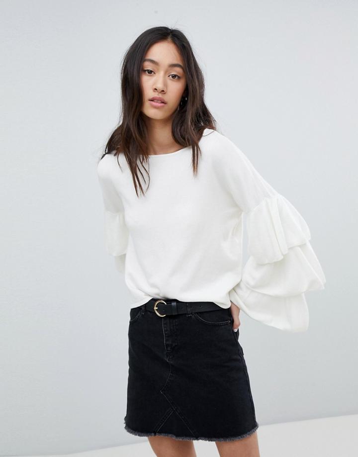 Only Ruffle Layered Sleeve Lightweight Sweater - Cream