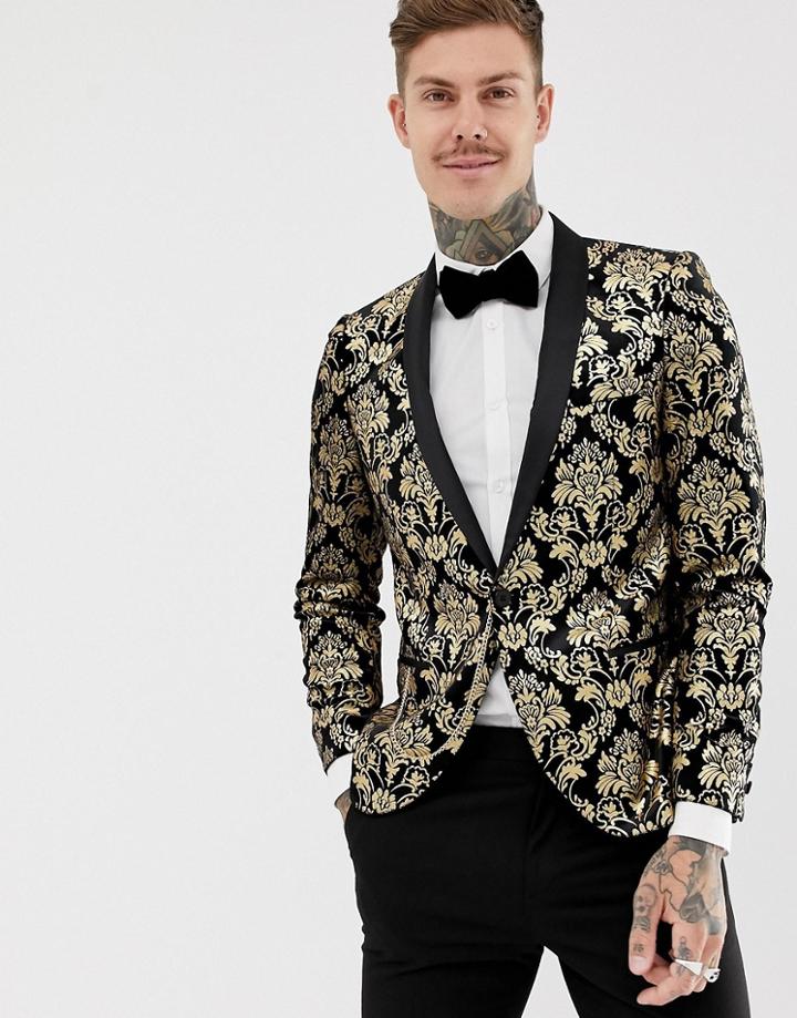 Twisted Tailor Super Skinny Velvet Blazer With Gold Print - Gold