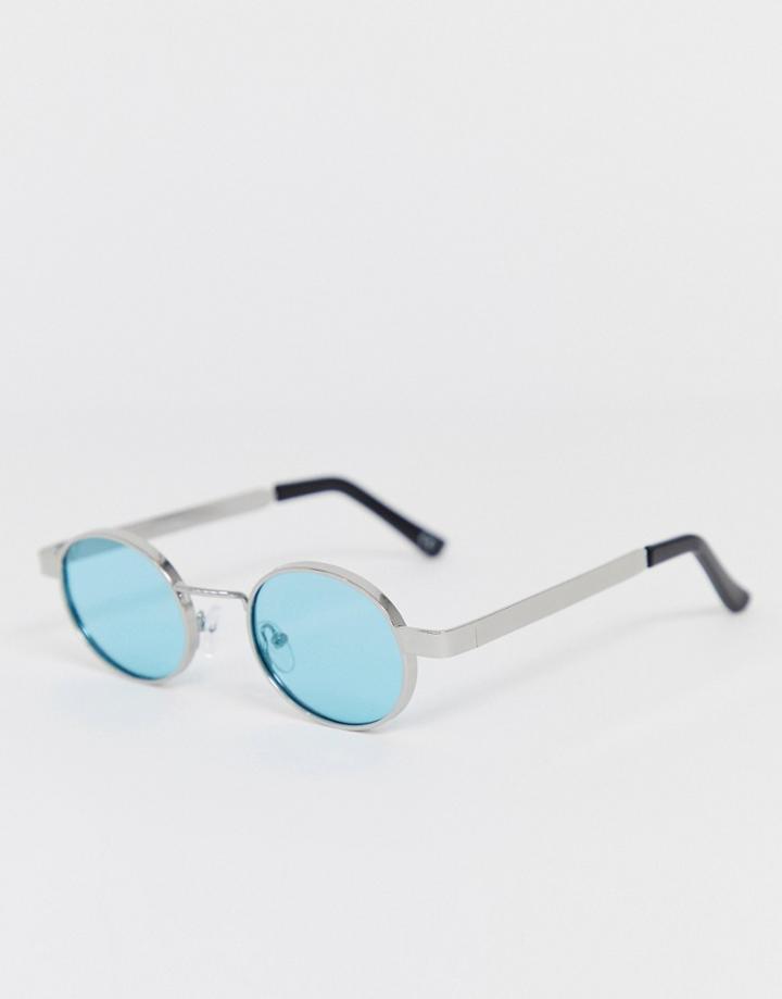 Asos Design Metal Oval Sunglasses In Silver With Turquoise Lens And Chunky Temple - Silver