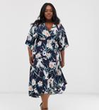 Liquorish Curve Wrap Midi Dress In Heron Print With Contrast Lace Detail - Navy