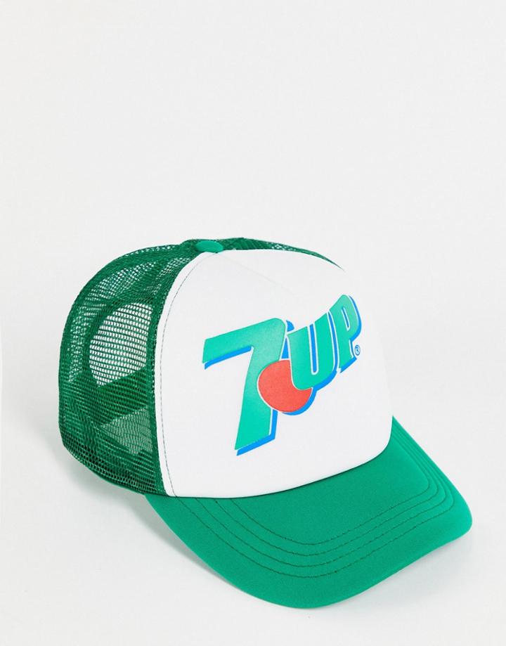 Asos Design Trucker Cap In Green With Retro 7up Print