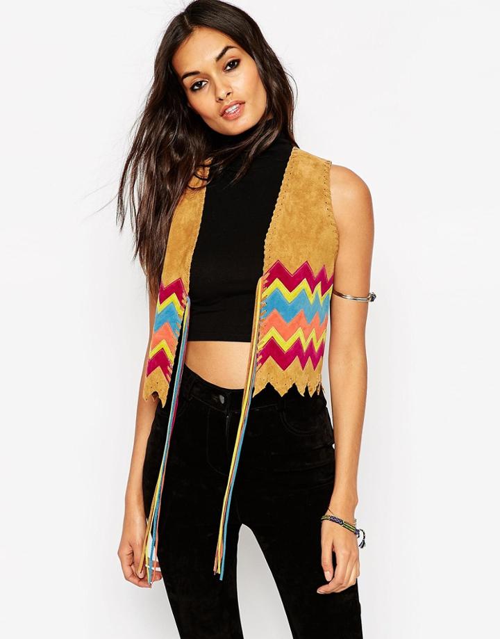 Asos Suede Vest With Multi Color Fringe - Tan